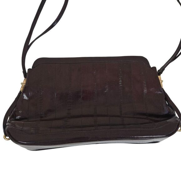 Vintage 60s Black Eel Skin Leather Shoulder Bag Gold Hardware Adjustable Strap - Picture 2 of 9